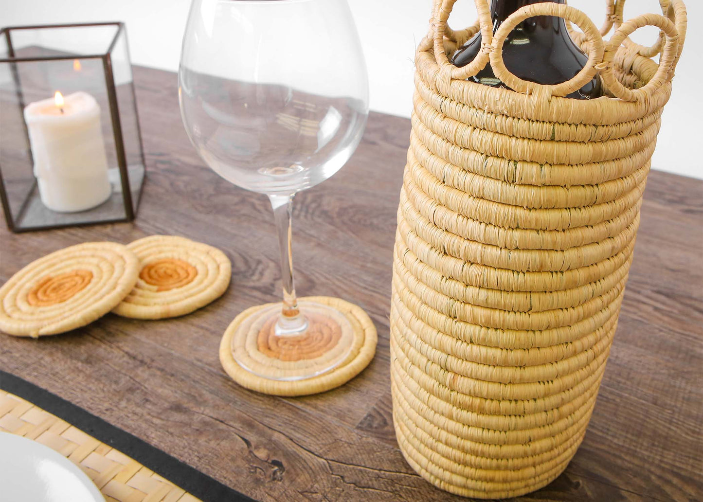 Handmade Natural Hooped Raffia Vase with Glass Insert