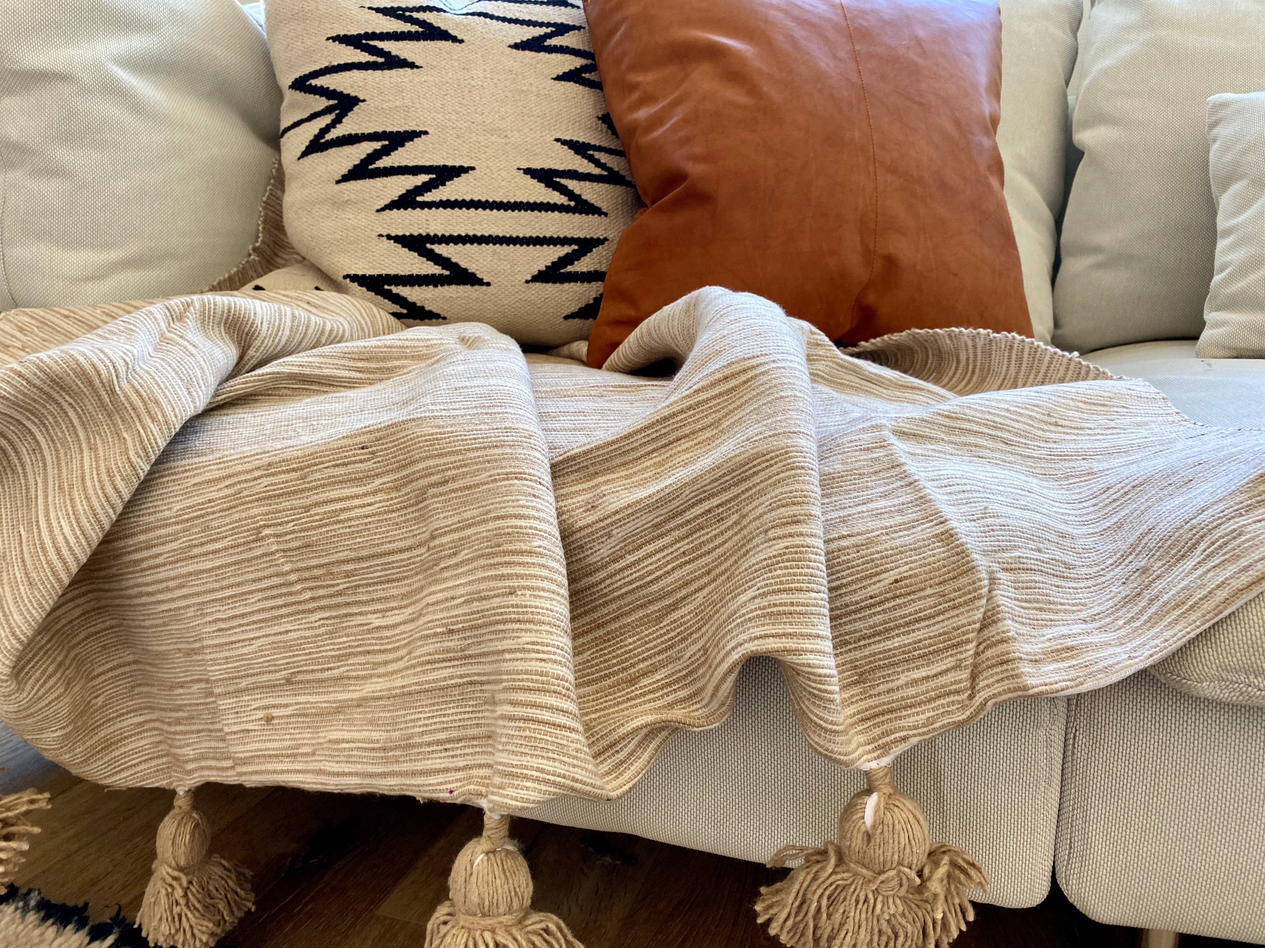 Handmade Tan Cream Pom Pom Throw